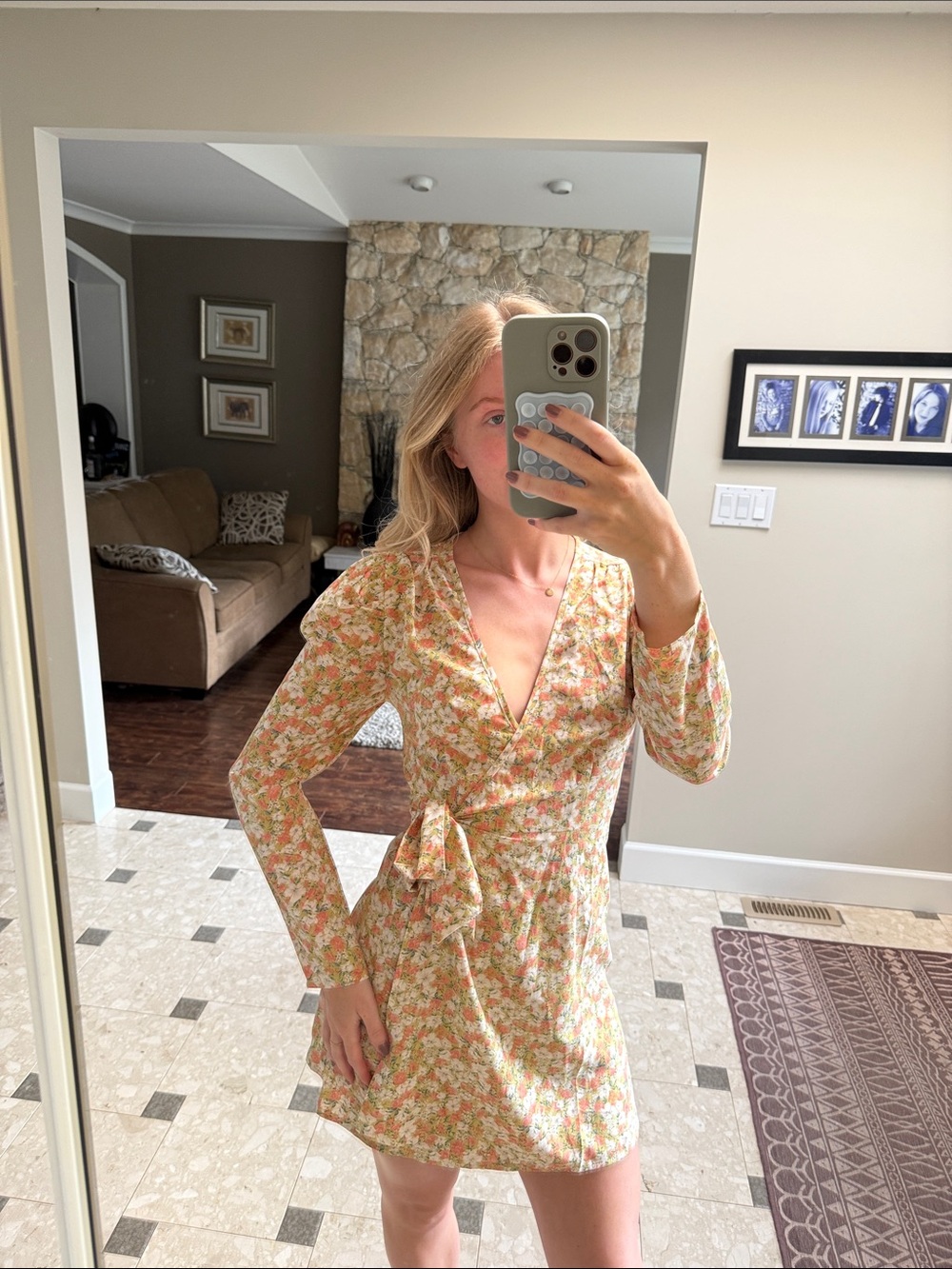 Peach Floral Wrap Mini Dress with Tie Waist